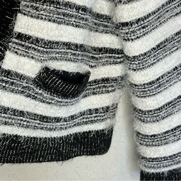 Calvin Klein Cropped Black and White Striped Eyelash Open Front Cardigan Sweater - Picture 4 of 6